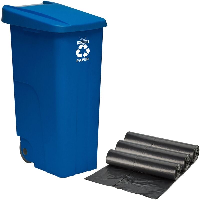 Wellhome - Conteneur de recyclage de 110L, fermé avec couvercle,idéal pour le papier de recyclage et le carton,avec roues+sacs à ordures 3x10unités