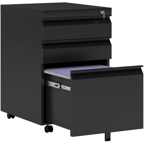 Conteneur mobile 3 tiroirs 5 roues lime suspendu verrouillable acier noir 39x48x60 cm