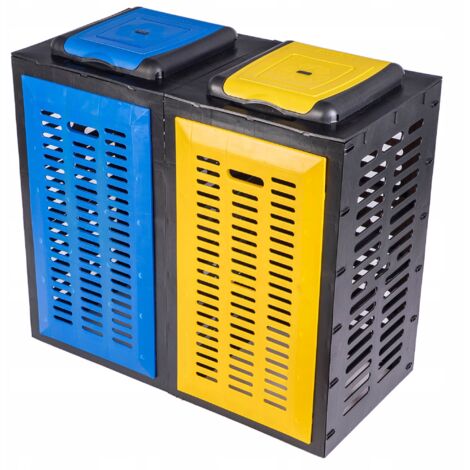 Contenitore aperto e modulare per rifiuti, adatto al doppio sacco giallo-blu per la raccolta differenziata.