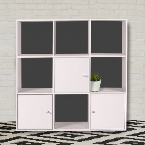 Contenitore cubo RUDY con 9 scomparti in legno bianco e 3 ante grigie