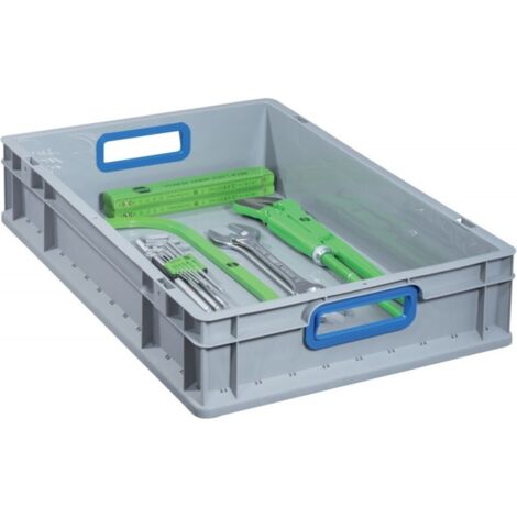 Contenitore di trasporto impilabile L600xP400xH120mm grigio PP con manico aperto blu