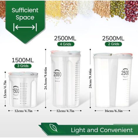 Contenitore ermetico con capacità di 2,5 l, 3 scomparti, capacità 1500 ml, adatto per conservare fagioli, noci, farina, ecc., disponibile in vari colori.