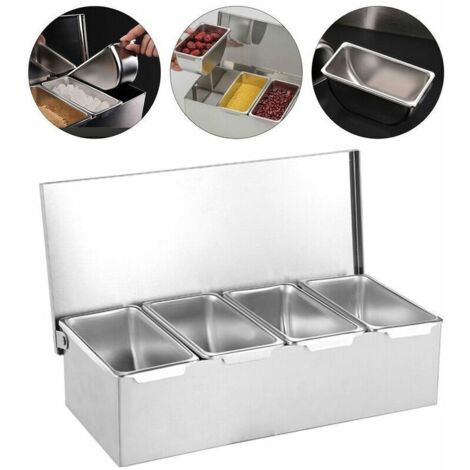 Contenitore per alimenti a quattro scomparti in acciaio inox, ideale per conservare contorni, frutta e spezie, colore argento.