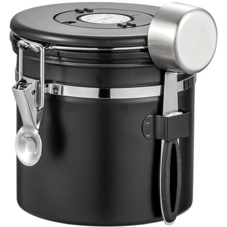 Contenitore per caffè in acciaio inox - Contenitore ermetico per conservare i chicchi di caffè, capacità 1200 ml con misurino e rotella per la data, nero