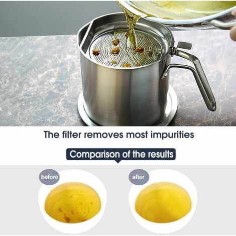 Contenitore per olio e grassi in acciaio inox con capacità di 2 litri, coperchio antipolvere con setaccio a maglie fini e piastra antiscivolo per la conservazione dell'olio di frittura.