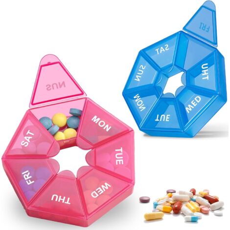 Contenitore portatile (scorta per 7 giorni, 2 set), contenitore portatile per uso mattutino e serale, contenitore portatile resistente all'umidità, contenitore portatile senza BPA (rosso rosa + blu).