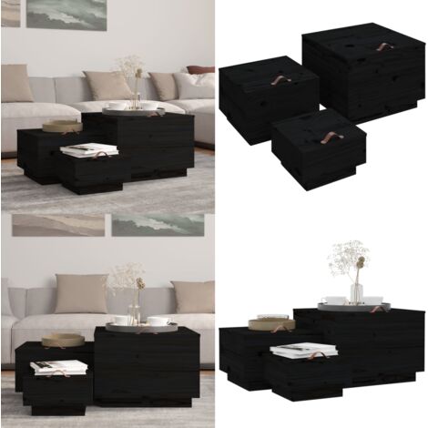 Contenitori Portaoggetti Coperchi 3pz Neri Legno Massello Pino - Contenitori in legno massello - Contenitori portaoggetti neri