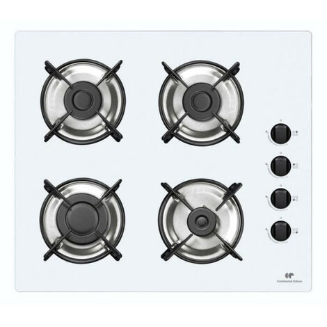 Continental Edison – Plaque de cuisson gaz 4 foyers – Brûleurs sur verre blanc – Allumage électronique – Dimensions 59,4 x 52,3 x 4,4 cm