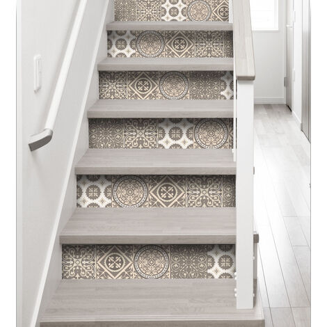 Contremarche adhésive autocollante, motif carrelages en carreaux de ciment dans la couleur marron et crème pastel, x3, 20 cm X 100 cm - Gris / argent