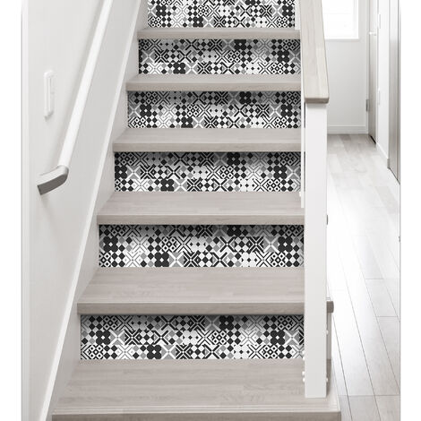 Contremarche adhésive autocollante, tamasio, motif carreaux de ciment ancien noir et blanc dans un style géométrique, x3, 20 cm X 100 cm - Noir