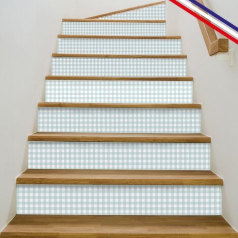 Contremarches adhésives PVC pour escalier - Vichy Bleu - Lot de 5 - 15x100 cm