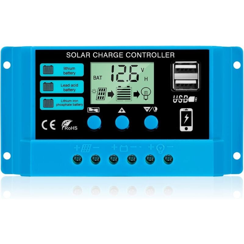 Contrôleur de Charge 30A 12V/24V Régulateur de Charge Panneau Solaire Intelligent avec écran LCD et Port 5V/3A USB Convient à Différents Types de