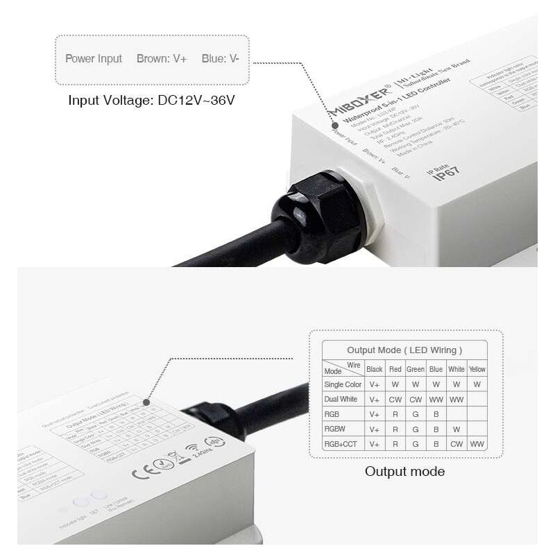 Contrôleur led Radiofréquence rgbw étanche IP67 DC12V avec connexion 5 pins