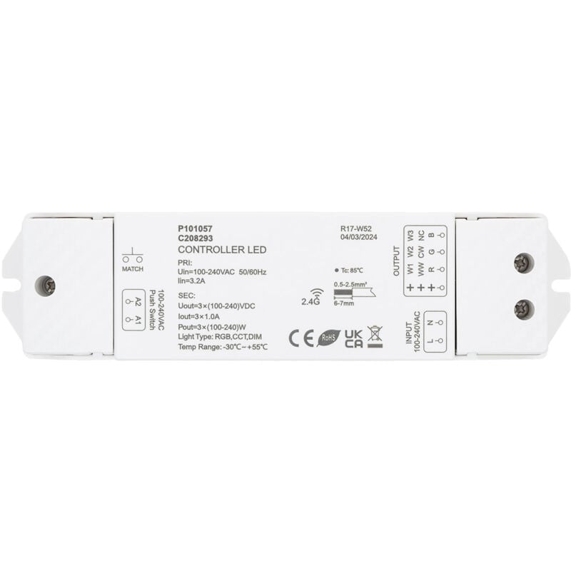 Contrôleur Variateur pour Ruban led rgb-cct 220-240V ac Compatible avec Bouton-Poussoir et Télécommande rf rgb