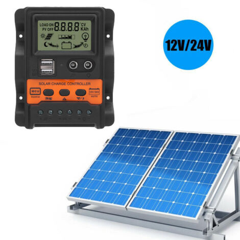 Controlador de carga PWM de 100 A – Dos puertos USB – 12 V/24 V automático – ABS – Control LCD – Naranja – Kit para uso fuera de la red