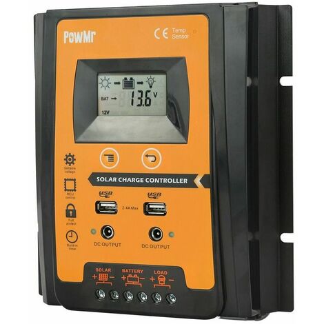 Controlador de carga solar 30A MPPT PWM para sistema de panel solar de 12V/24V Regulador de batería fotovoltaica IP32 Temporizador de carga Pantalla LCD Regulador de panel de puerto USB dual