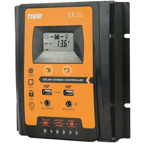 Controlador de carga solar 30A PWM para sistema de panel solar de 12 V/24 V Controlador de batería fotovoltaica Temporizador de carga IP32 Pantalla LCD Regulador de panel solar con puerto USB dual Pro
