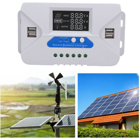 Controlador de carga solar adaptativo con pantalla LCD, 4 puertos USB y placa de aluminio (60 A) – Controlador inteligente para paneles solares con gestión de batería y protección de seguridad.