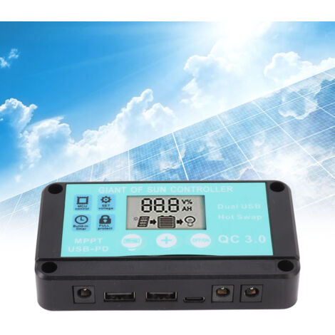 Controlador de carga solar: controlador MPPT de 10 A y 12 V/24 V con dos puertos USB y protección inteligente.