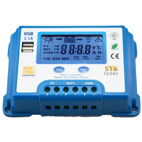 Controlador de carga solar de 10 A, controlador de carga solar de 12 V/24 V con pantalla LCD y puerto USB doble para batería de panel solar - ST6-10A