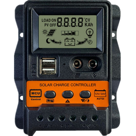 Controlador de carga solar de 30 A, regulador de batería para panel solar con puertos USB duales de 5 V, 12 V/24 V, PWM, parámetros automáticos ajustables y pantalla LCD.