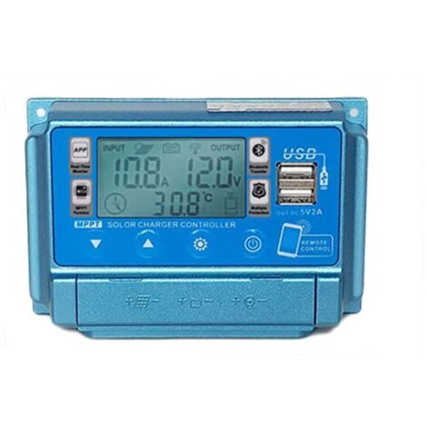 Controlador de carga solar de 50 A (12 V/24 V/36 V/48 V/60 V) MPPT, pantalla LCD, dos puertos USB, azul