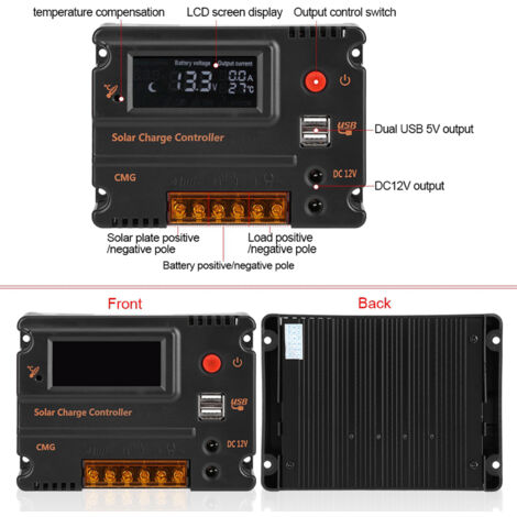 Controlador de carga solar inteligente de 10 A CC (12 V/24 V) con dos puertos USB, carcasa de plástico resistente y pantalla LCD.