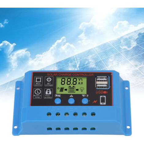 Controlador de carga solar LCD de 12V/24V y 20A con puerto USB, carcasa de plástico ABS negro/azul para paneles solares, letrero luminoso y señal de advertencia.