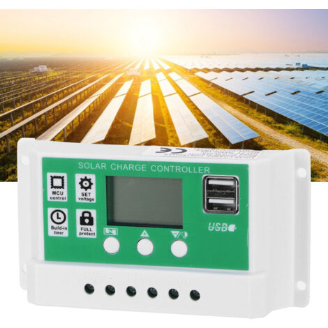 Controlador de carga solar LCD de 50 A, controlador automático de panel solar PWM de 12 V/24 V con pantalla grande, dos puertos USB de 5 V y protección multifuncional.