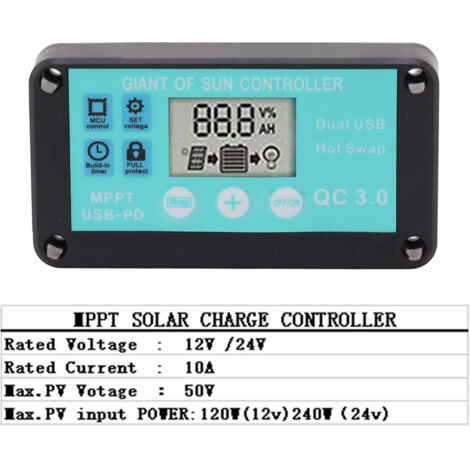Controlador de carga solar MPPT con dos puertos USB, 10 A, 12 V/24 V para uso doméstico e industrial.