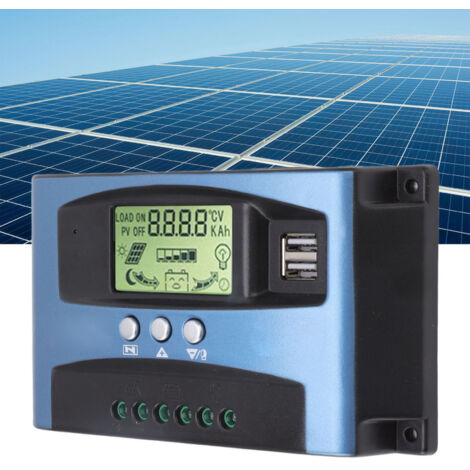 Controlador de carga solar MPPT de 100 A y 12 V/24 V con dos puertos USB, pantalla LCD y múltiples algoritmos de seguimiento para sistemas fotovoltaicos.