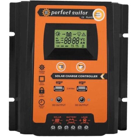 Controlador de carga solar, panel solar, regulador de batería, pantalla LCD, doble USB, 12 V/24 V, 50 A, MPPT (50 A)