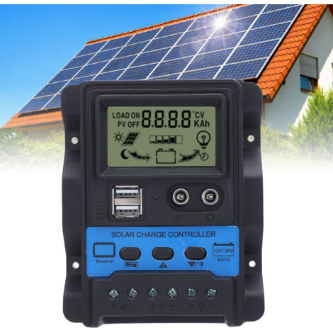 Controlador de carga solar PWM de 12V/24V con pantalla LCD, dos puertos USB, alimentación estable para smartphones y tablets, 100A