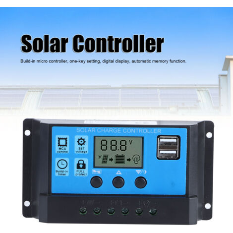 Controlador de carga solar PWM de 60 A – Controlador de carga de batería para paneles solares con dos puertos USB de 5 V y pantalla LCD – Protección mejorada – ABS negro