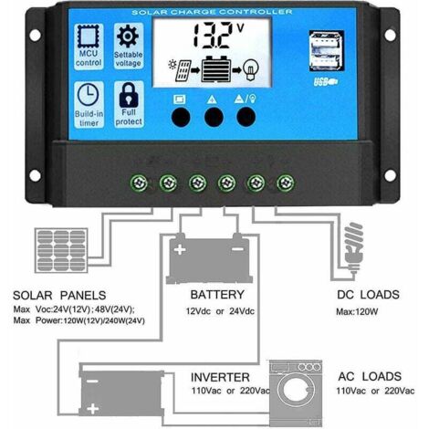 Controlador de carga solar, regulador de panel solar de 12 V/24 V con USB de 10 A
