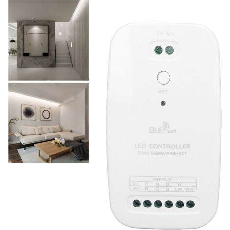 Controlador LED Bluetooth 2 en 1 RGB CCT Mesh, DC 9–24 V, 5 A, transmisión automática, señal estable para el hogar, hotel, garaje.