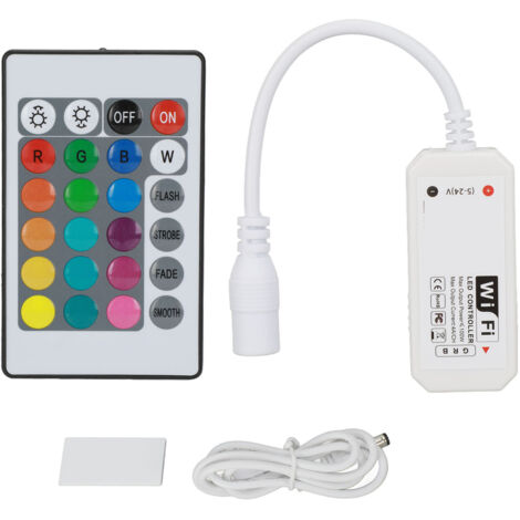 Controlador LED WiFi inteligente con conector de 4 pines para tiras de luces RGB de 5 V y control remoto.