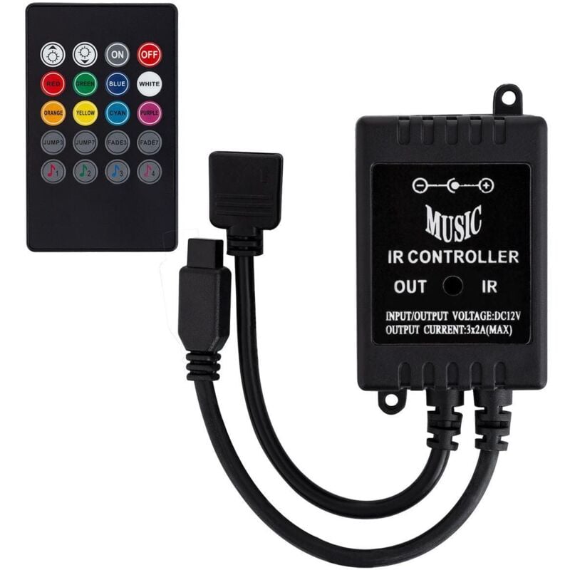 

Controlador Regulador Musical Tira LED RGB 12V DC con Mando IR