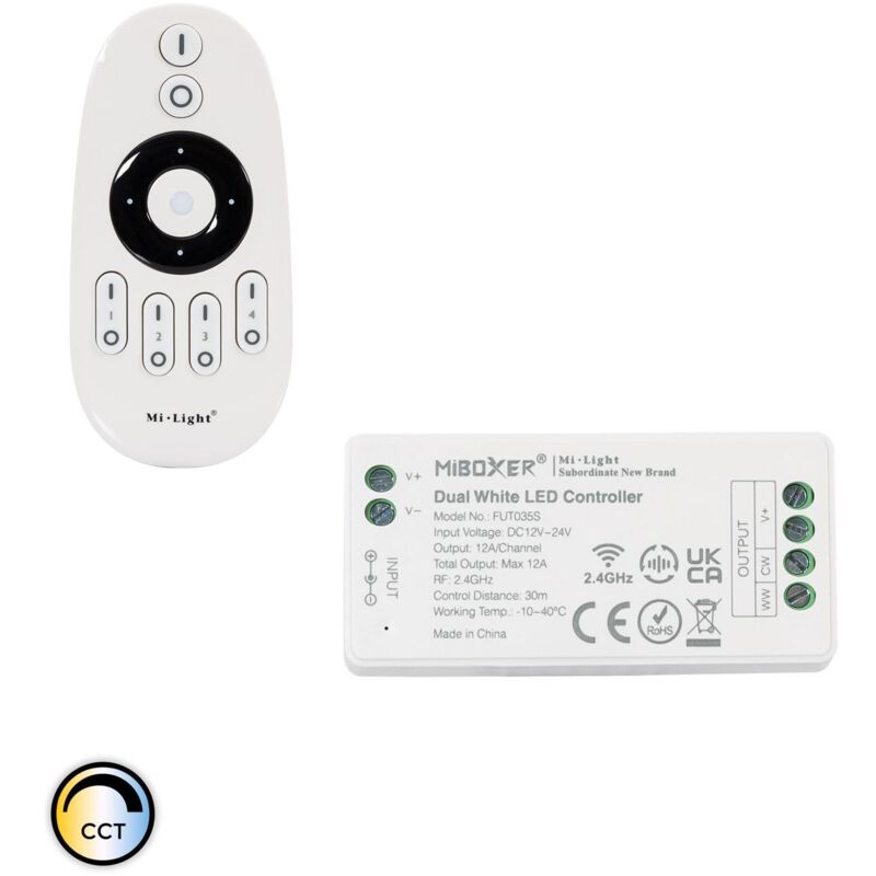 

Controlador Regulador CCT 12/24V DC + Mando RF 4 Zonas MiBoxer Seleccionable (Cálido-Neutro-Frío) - Seleccionable (Cálido-Neutro-Frío)