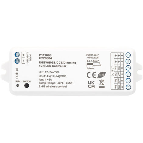 Controlador Regulador LED 12/24V DC para Tira LED Monocolor/CCT/RGB/RGBW compatible con Mando RF Monocolor / CCT / RGB / RGBW