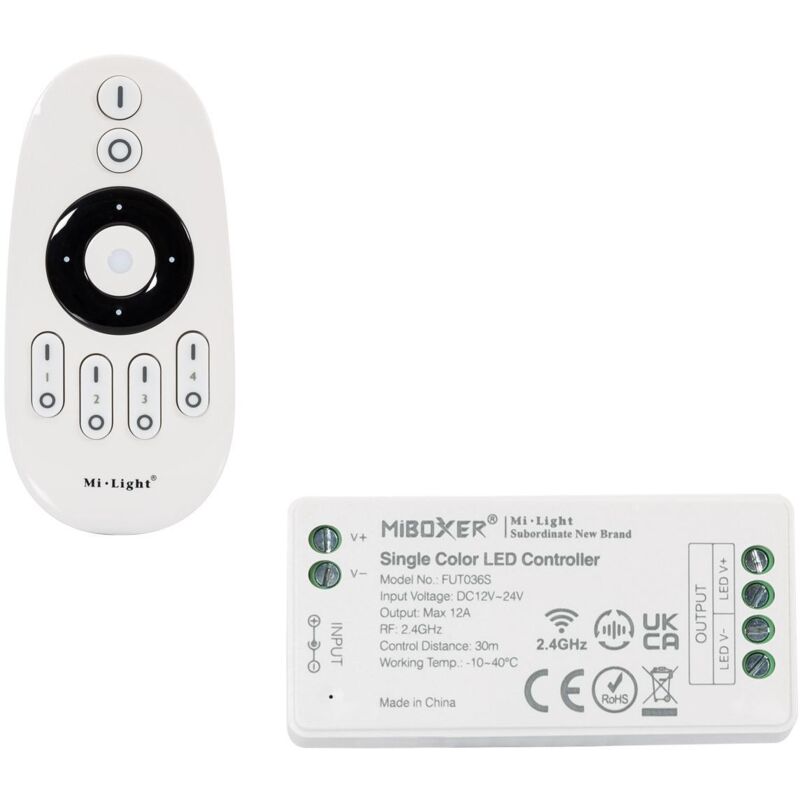 

Controlador Regulador Monocolor 12/24V DC + Mando RF 4 Zonas MiBoxer Monocolor - Monocolor