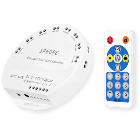 Controlador Regulador para 8 Tiras LED RGB Digital SPI 5-24V DC con Mando RF y APP RGBIC