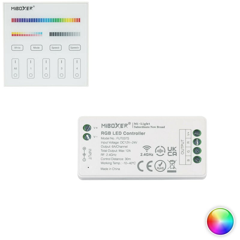 

Controlador Regulador RGB 12/24V DC + Mando RF 4 Zonas MiBoxer RGB - RGB