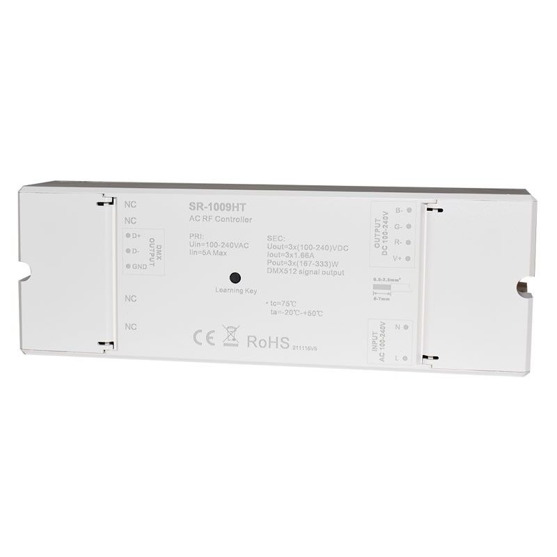 

Controlador RGB 240V-AC (3 Canales, 1.2A/Canal) Receptor RF/DMX