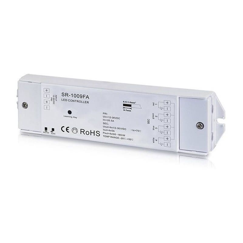 

Controlador RGBW PWM 12-36V-DC (4 canales, 5A/canal) receptor RF