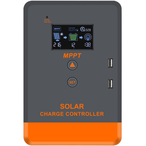 Controlador solar MPPT automático de 12V/24V con pantalla LCD retroiluminada y múltiples modos de control de carga.