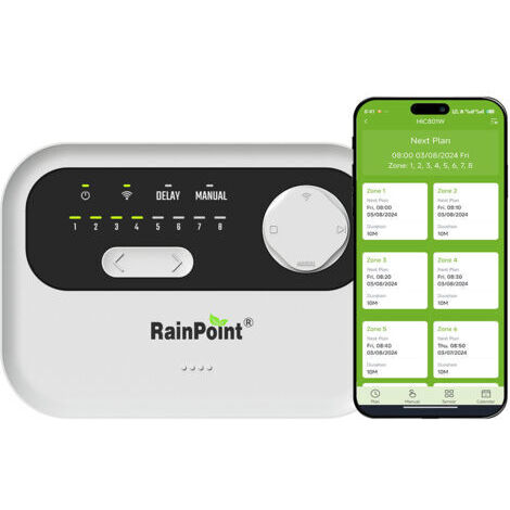 Contrôleur d'arrosage intelligent RAINPOINT à 8 zones - Système d'arrosage WiFi basé sur la météo locale, contrôleur de système d'irrigation contrôlé par application facile à installer