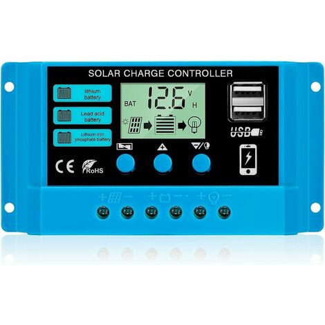 Contrôleur de Charge 30A 12V/24V Régulateur de Charge Panneau Solaire Intelligent avec écran LCD et Port 5V/3A USB Convient à Différents Types de Batteries Facile à Utiliser