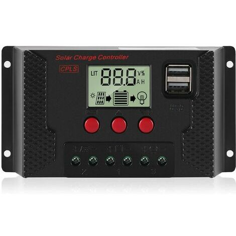 Contrôleur de Charge 30A Régulateur de Charge Panneau Solaire Identification Automatique 12V/24V avec écran LCD et Port 5V USB Noir
