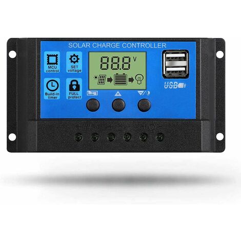 Contrôleur de charge solaire, contrôleur de panneau solaire 10A 12V/24V PWM Paramètre automatique Affichage LCD réglable